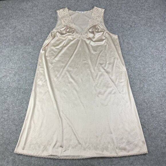 VTG Vanity Fair Slip Dress Womens M Beige Nightgown Sleeveless Lace Made in USA* - Picture 1 of 14